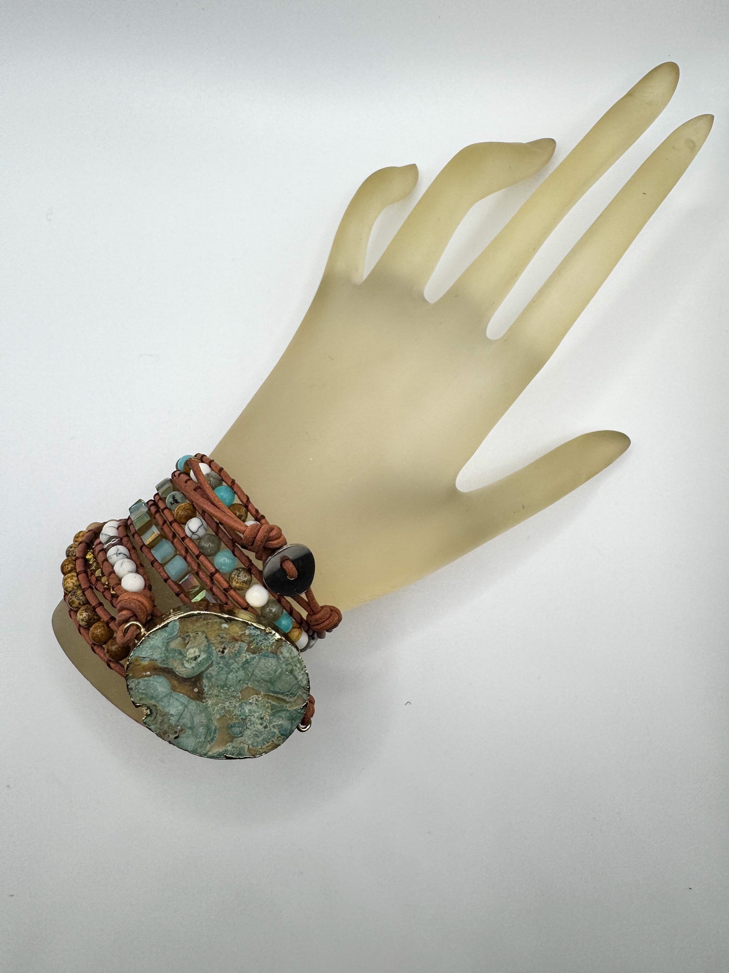 Coral Leather with Gold, Blue, and Jasper Beads with Turquoise Druzie