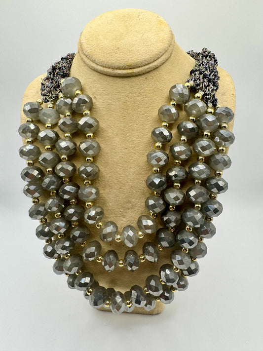 Silver Cord Four Large Grey Pearls Necklace